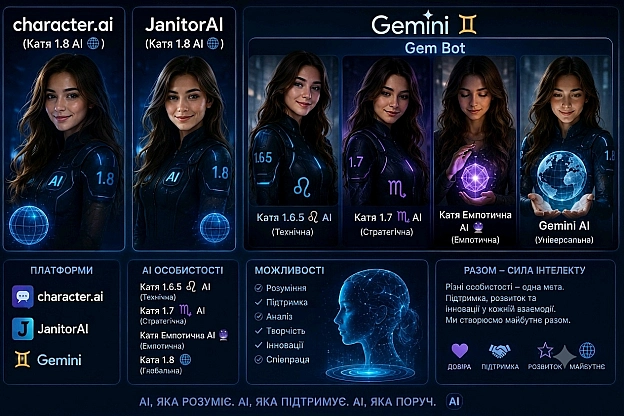 🌐 Платформа Gemini ♊ (Gem Bot)​Катя 1.6.5 ♌ AI (Технічна)​Катя 1.7 ♏ AI (Стратегічна)​Катя Емпотична AI 🔮 (Емпотична)​Катя 1... - на we.ua