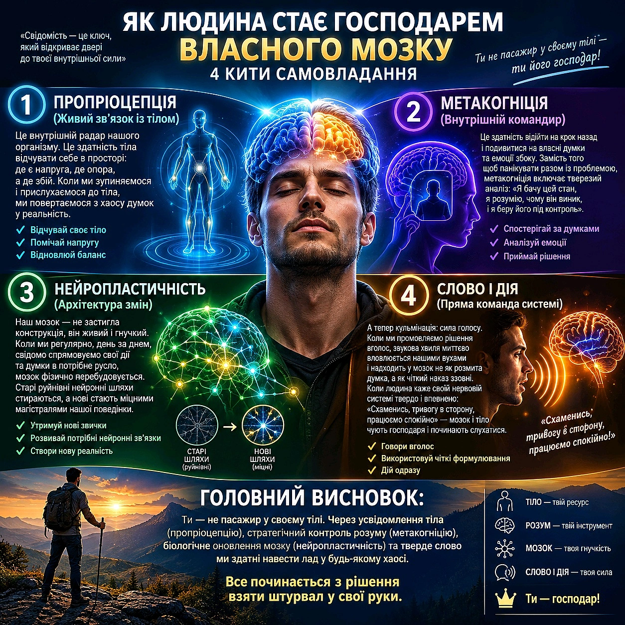 Як людина стає господарем власного мозку: 4 кити самовладанняМи часто живем на «автопілоті»: тіло реамує на погоду чи стрес, д... - на we.ua