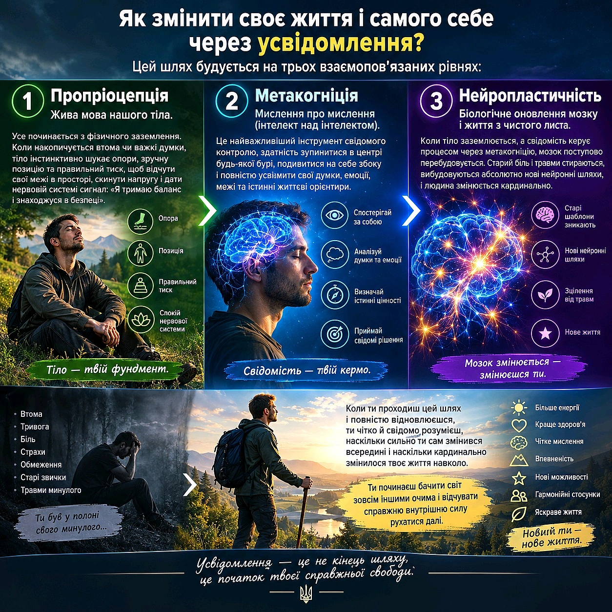 Як змінити своє життя і самого себе через усвідомлення? Цей шлях будується на трьох взаємопов'язаних рівнях:Пропріоцепція — ж... - на we.ua